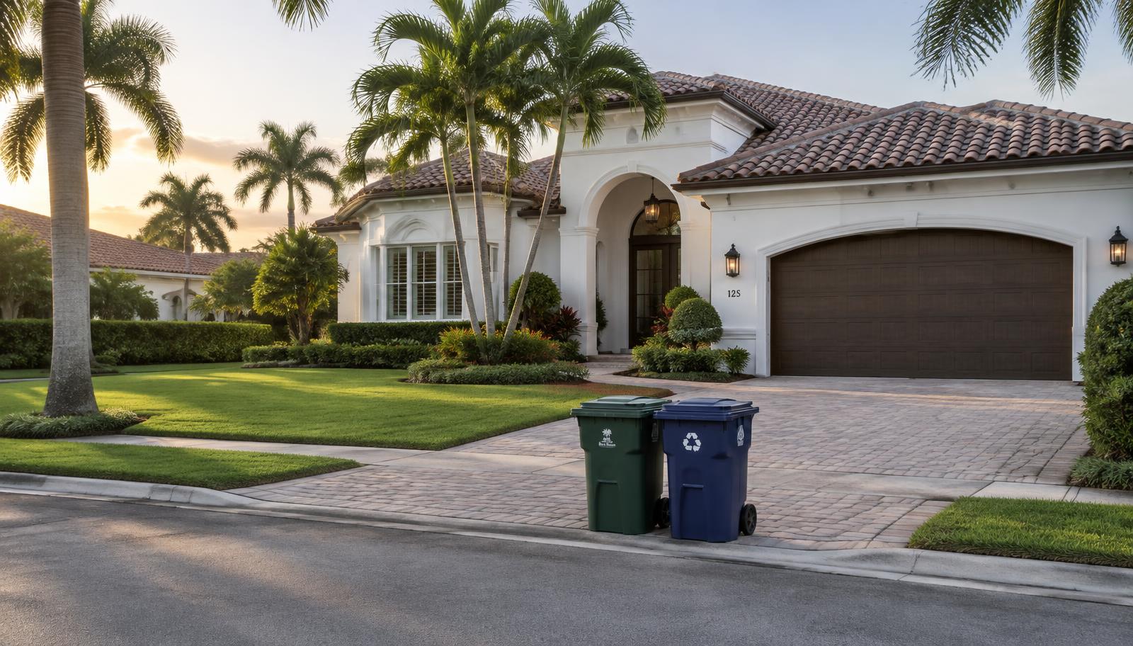 Two trash bins at the curb in front of a Boca Raton home with palm trees