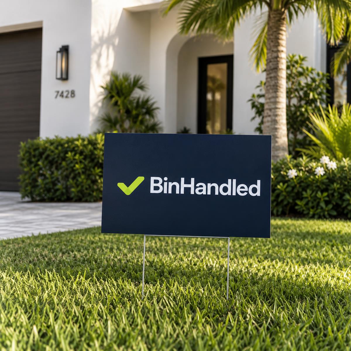 A BinHandled yard sign on a front lawn